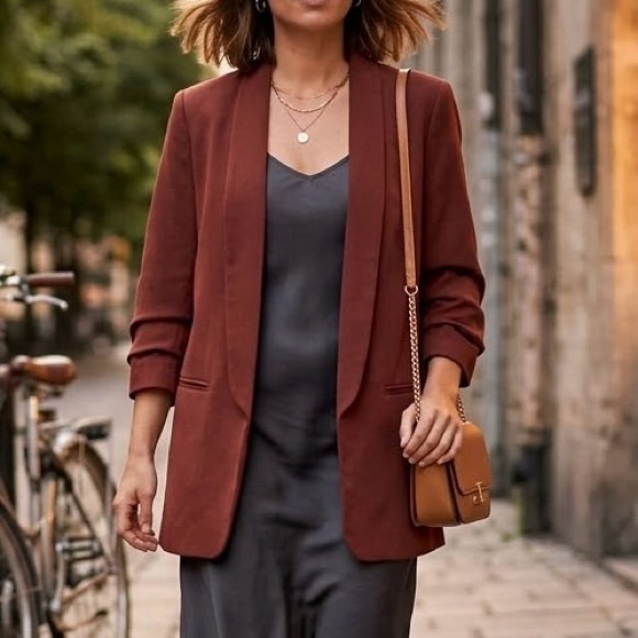 Only Jackets & Blazers - ONLY Tailoring Rust Burnt Orange Ruched Sleeve Open Front Blazer Terracotta Chic